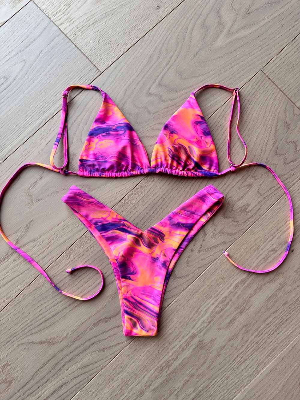 Berry Beachy Neon Marble Bikini Set Pink Purple Orange XS